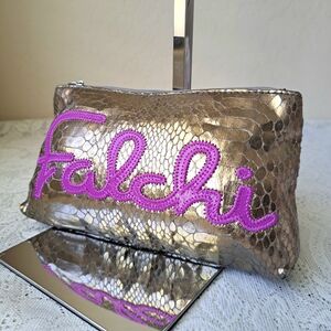 Carlos Falchi Glam Bronze Snakeskin Cosmetic Bag Pouch Clutch